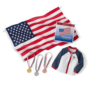 American Girl Olympic TEAM USA Gold Silver Bronze MEDAL CEREMONY SET Jacket Flag
